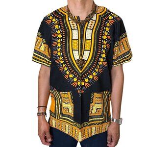 Da'iki Dashiki Shirt Black Yellow Tribal Print Cotton Unisex M L Festival Top